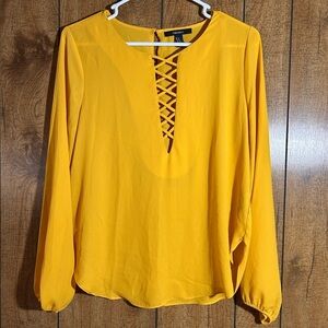 Forever 21 Mustard Yellow Lattice V-Neck Long Sleeve Blouse